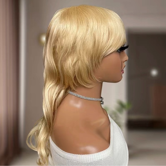 Honey Blonde Human Hair Body Wave Dovetail Mullet GluelessWig With Bangs in 20” - Picture 4 of 11